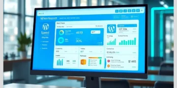 Desktop monitor showing a blue WordPress performance dashboard with charts and speed metrics illustrating How to Speed Up Your WordPress Site in 2025
