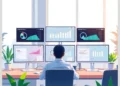 Person seated at a desk monitoring six screens filled with charts and metrics illustrating How to Track Core Web Vitals Across Multiple WordPress Sites.