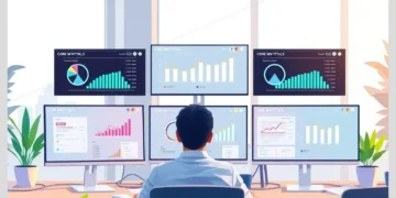 Person seated at a desk monitoring six screens filled with charts and metrics illustrating How to Track Core Web Vitals Across Multiple WordPress Sites.