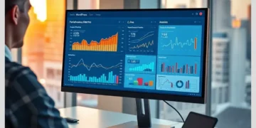 Professional reviewing a multi-panel analytics dashboard on a desktop monitor with charts and graphs, illustrating How to Track WordPress Site Performance Metrics That Actually Matter.