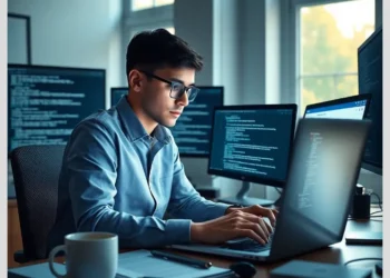 Developer at a desk coding across multiple monitors illustrating Troubleshooting WordPress Database Connection Errors: Complete Guide.