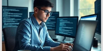 Developer at a desk coding across multiple monitors illustrating Troubleshooting WordPress Database Connection Errors: Complete Guide.