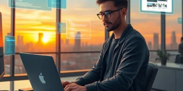 Developer working on a MacBook in a modern office with floating code and site previews, demonstrating Update Your WordPress Site Without Downtime Using ModularDS concepts