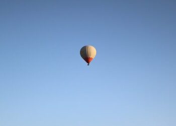 A solitary hot air balloon floats in a clear blue sky illustrating Boost performance and security with website maintenance strategies.