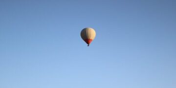 A solitary hot air balloon floats in a clear blue sky illustrating Boost performance and security with website maintenance strategies.