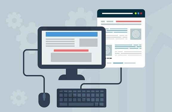 Illustration of a desktop monitor, keyboard, mouse and a connected webpage with gear icons to illustrate Avoid These Common Website Maintenance Mistakes to Boost Performance