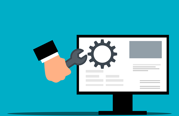Master These 5 Steps for Flawless Website Maintenance Today! Illustration of a hand holding a wrench adjusting a gear on a desktop monitor with a teal background.