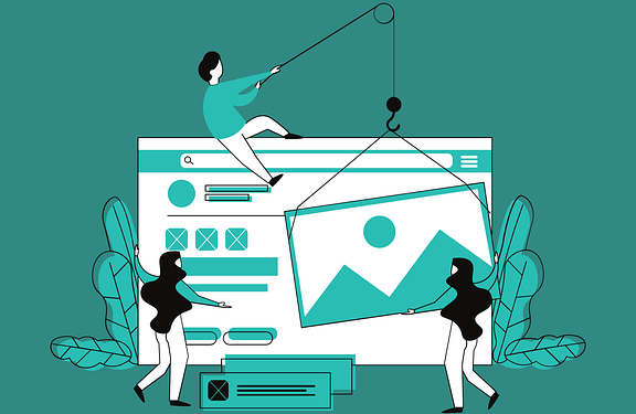 Team placing a large image onto a browser window interface to represent collaboration and site upkeep; Master website maintenance: Unlock secrets to keep your site thriving