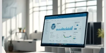 Desktop monitor in a bright office displaying WordPress analytics for Top White Label WordPress Maintenance Providers in the UK.