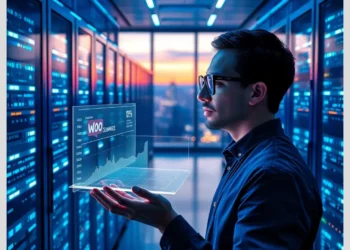 A technician in a modern server room examines a holographic dashboard with WooCommerce analytics and performance graphs, illustrating Best Practices for WooCommerce Database Optimization in 2025.