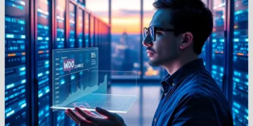 A technician in a modern server room examines a holographic dashboard with WooCommerce analytics and performance graphs, illustrating Best Practices for WooCommerce Database Optimization in 2025.