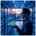 A technician in a modern server room examines a holographic dashboard with WooCommerce analytics and performance graphs, illustrating Best Practices for WooCommerce Database Optimization in 2025.