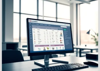 A desktop monitor displaying a WooCommerce-style admin dashboard on a tidy office desk, illustrating Essential WooCommerce Maintenance Tasks to Automate with ModularDS.
