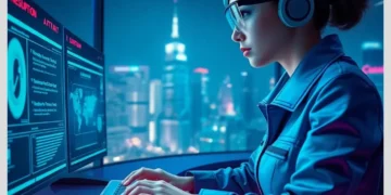 Cybersecurity analyst at a multi-screen workstation typing and monitoring dashboards illustrating Best Practices for WordPress Brute Force Attack Prevention in 2025.