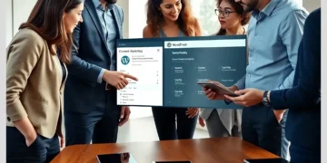 A group of colleagues gathered around a conference table reviewing a WordPress dashboard, illustrating How to Create a Content Approval Workflow in WordPress for Teams.