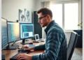 A focused developer at a multi-monitor workstation coding on screens, illustrating Best Practices for WordPress Custom Code Management Across Multiple Sites.