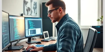 A focused developer at a multi-monitor workstation coding on screens, illustrating Best Practices for WordPress Custom Code Management Across Multiple Sites.