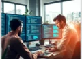 Two developers collaborating at a desk with multiple monitors showing code, illustrating Creating a WordPress Development Workflow for Teams Using ModularDS