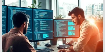 Two developers collaborating at a desk with multiple monitors showing code, illustrating Creating a WordPress Development Workflow for Teams Using ModularDS