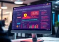 Desktop monitor displaying a security dashboard and analytics illustrating How to Set Up WordPress Firewalls and Malware Protection with shield icons and charts.