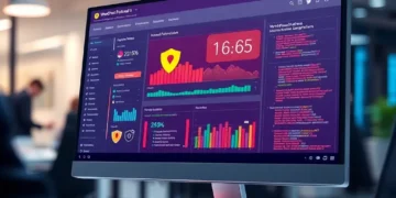 Desktop monitor displaying a security dashboard and analytics illustrating How to Set Up WordPress Firewalls and Malware Protection with shield icons and charts.