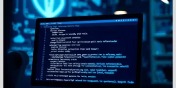 Monitor displaying server-side code and a shield icon illustrating Essential WordPress .htaccess Rules for Enhanced Security.