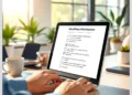 Laptop displaying The Ultimate WordPress Maintenance Checklist for E-Commerce Stores while a person types in a sunlit workspace with a coffee cup and plants.