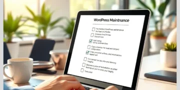 Laptop displaying The Ultimate WordPress Maintenance Checklist for E-Commerce Stores while a person types in a sunlit workspace with a coffee cup and plants.