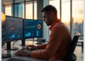 A web professional reviewing analytics across multiple monitors to illustrate WordPress Maintenance Plans for Agencies in the UK.
