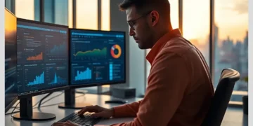 A web professional reviewing analytics across multiple monitors to illustrate WordPress Maintenance Plans for Agencies in the UK.