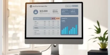 A clean office desktop with a monitor showing charts and cost breakdowns for Understanding WordPress Maintenance Plan Pricing in the UK.