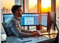 A developer at a desk reviewing dashboards across multiple monitors, highlighting Best WordPress Maintenance Plans for Small Businesses in the UK.
