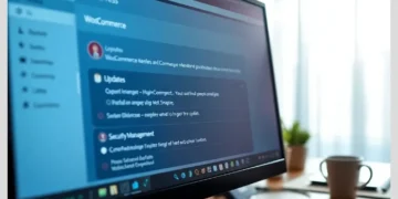 Desktop monitor displaying a WordPress WooCommerce dashboard on a clean workspace illustrating Best WordPress Maintenance Plans for WooCommerce Stores.