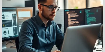 Developer at a desk inspecting WordPress dashboards and code while demonstrating How to Run a WordPress Security Audit for Client Websites.