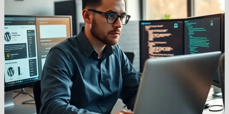 Developer at a desk inspecting WordPress dashboards and code while demonstrating How to Run a WordPress Security Audit for Client Websites.