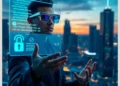 Man wearing AR glasses interacting with a holographic cybersecurity dashboard illustrating Top WordPress Security Practices to Prevent Hacking in 2025.