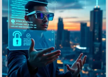Man wearing AR glasses interacting with a holographic cybersecurity dashboard illustrating Top WordPress Security Practices to Prevent Hacking in 2025.