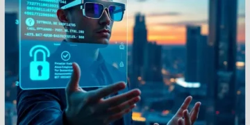 Top WordPress Security Practices to Prevent Hacking in 2025 10 Man wearing AR glasses interacting with a holographic cybersecurity dashboard illustrating Top WordPress Security Practices to Prevent Hacking in 2025.