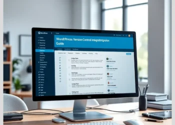 Desktop monitor on an office desk displaying the Guide to WordPress Version Control Integration with ModularDS on a WordPress-style dashboard.