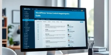 Desktop monitor on an office desk displaying the Guide to WordPress Version Control Integration with ModularDS on a WordPress-style dashboard.